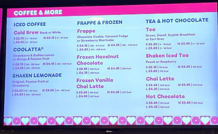 Dunkin Donuts coffee Menu UK