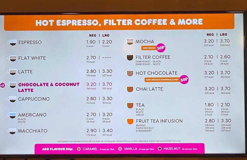 Dunkin Donuts Menu prices UK
