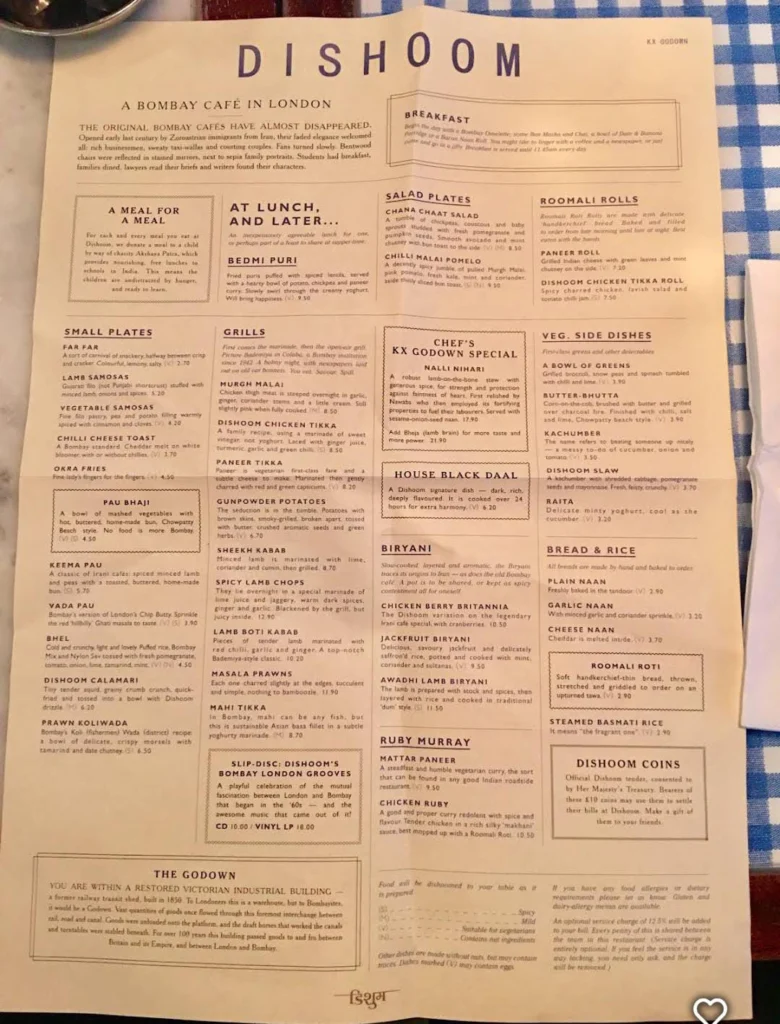 Dishoom King’s Cross Menu Prices uk