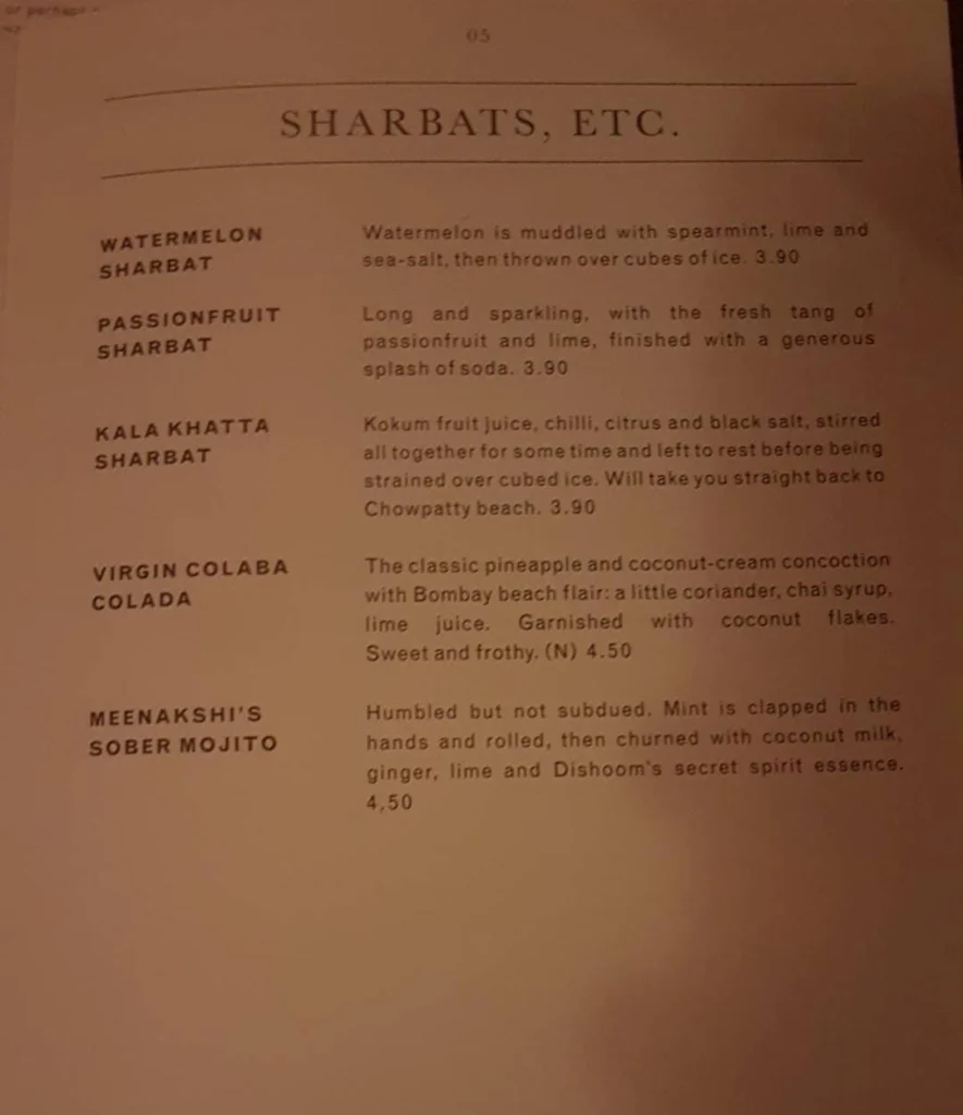 Sharbats at Dishoom King’s Cross Menu uk