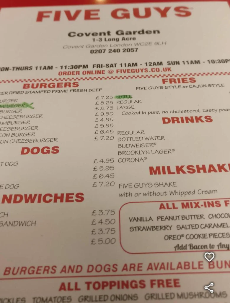 items at Five Guys Covent Garden Menu uk
