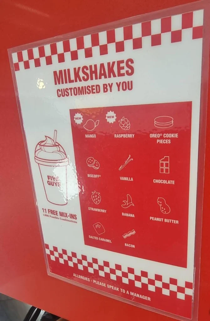 milkshakes at Five Guys Covent Garden Menu uk