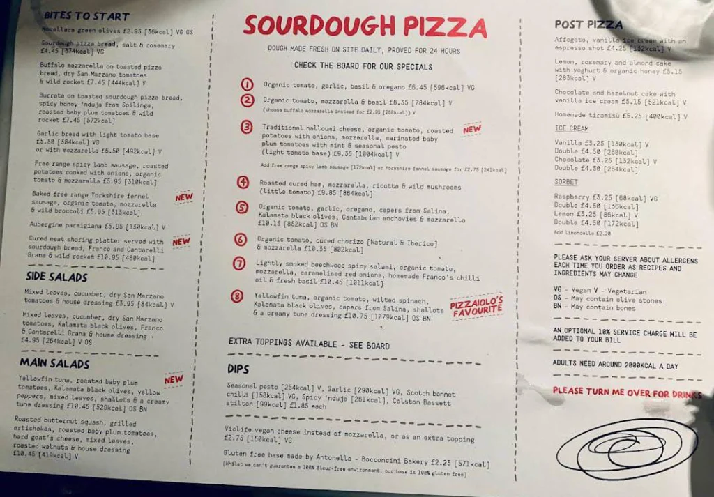 Franco Manca Menu prices uk