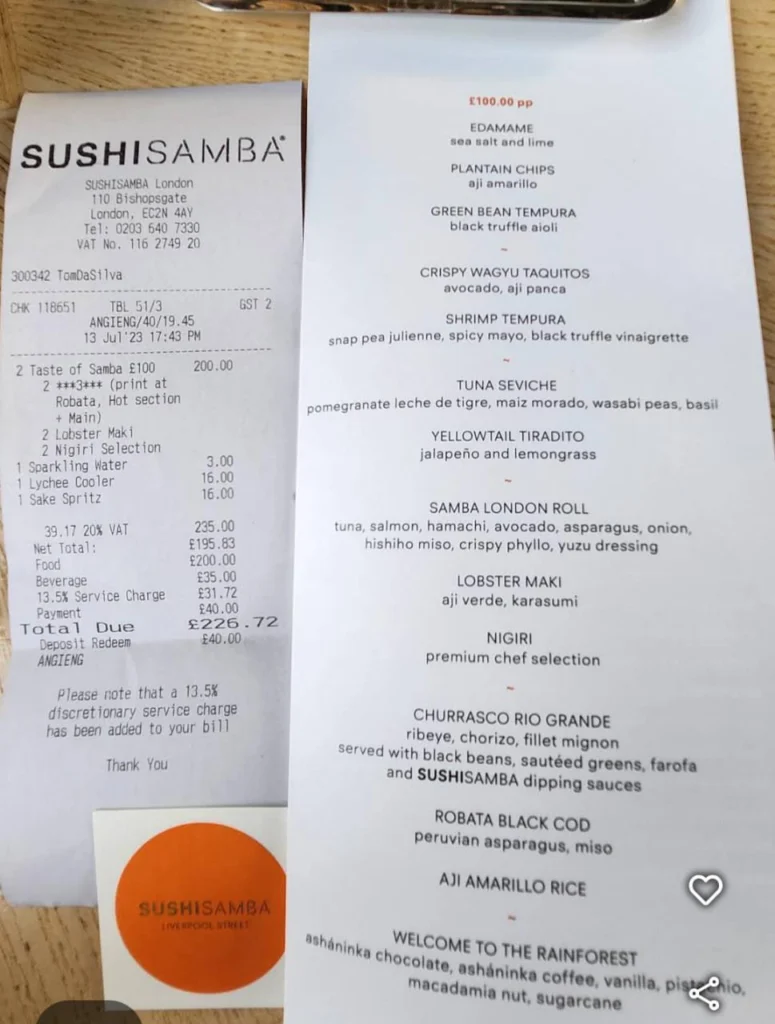 bill and edamame at Sushi Samba Heron Tower Menu uk