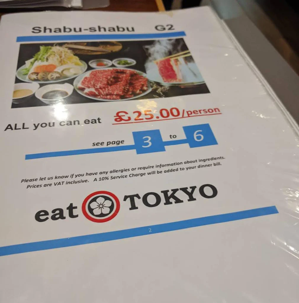shabu-shabu menu at Eat Tokyo Golders Green Menu uk