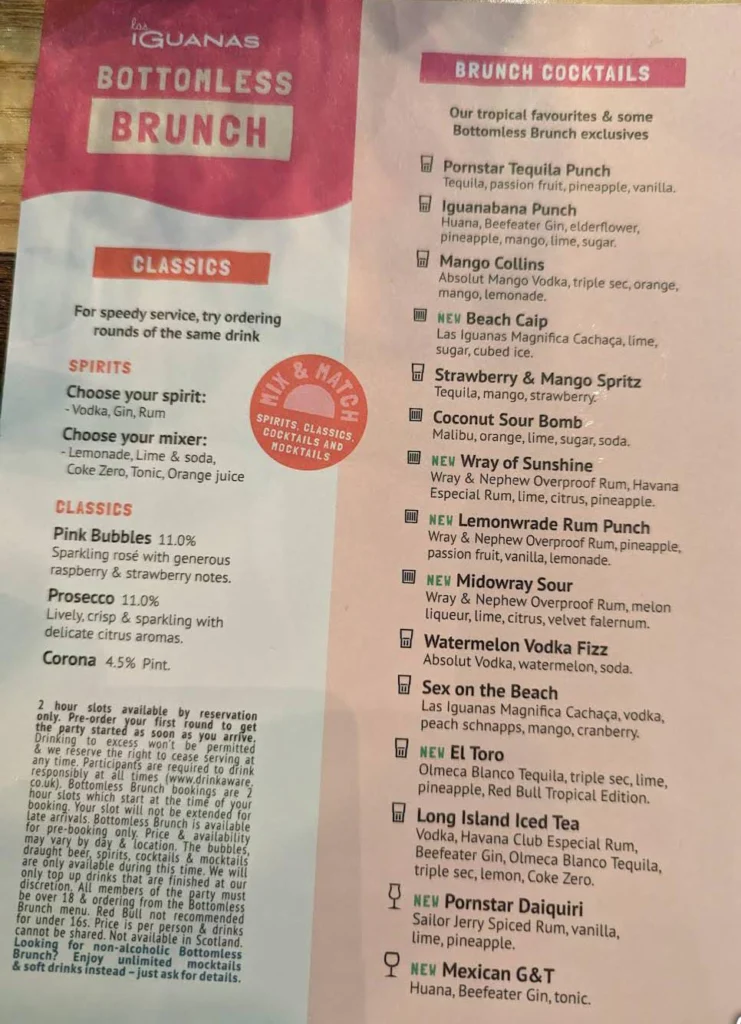 Brunch at Las Iguanas Nottingham Menu uk