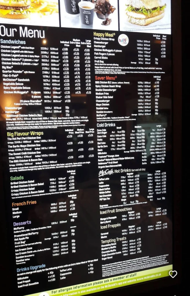 McDonald’s Leicester Square Menu Prices uk