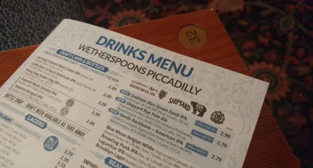 drinks menu at Wetherspoons Menu UK