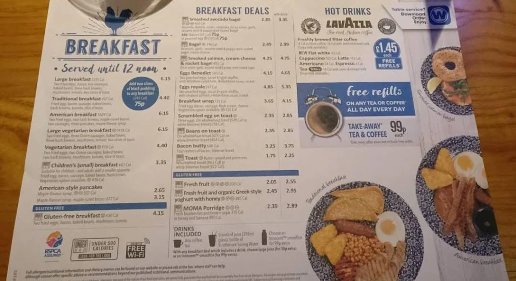 breakfast menu at Wetherspoons Menu UK