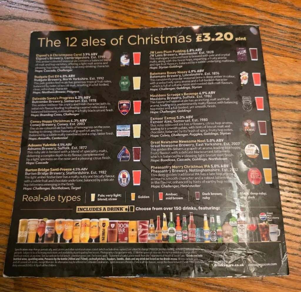 christmas menu at Wetherspoons UK