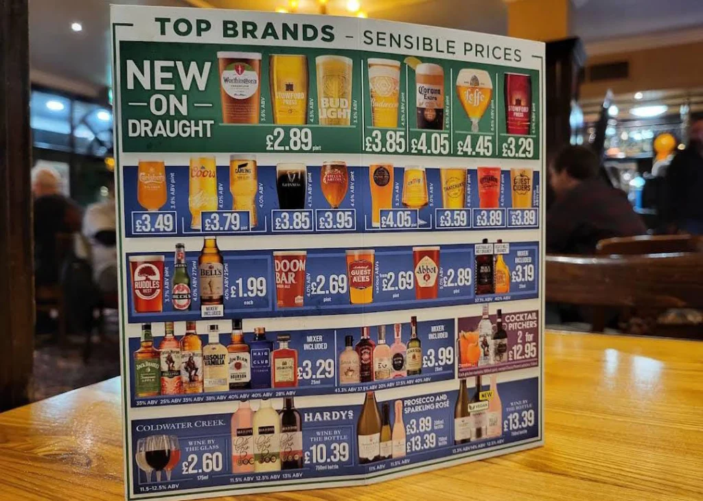 Wetherspoons Menu prices UK