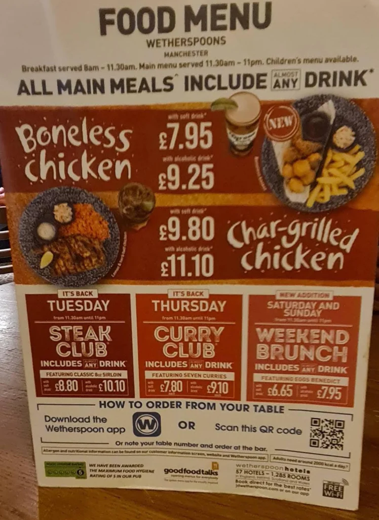 food menu at Wetherspoons Menu UK
