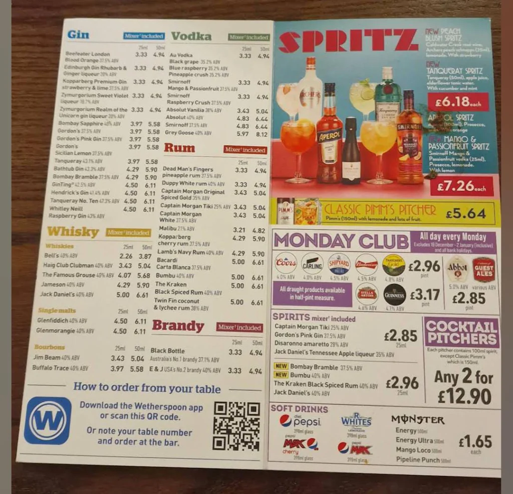 gin vodka whisky at Wetherspoons Menu UK