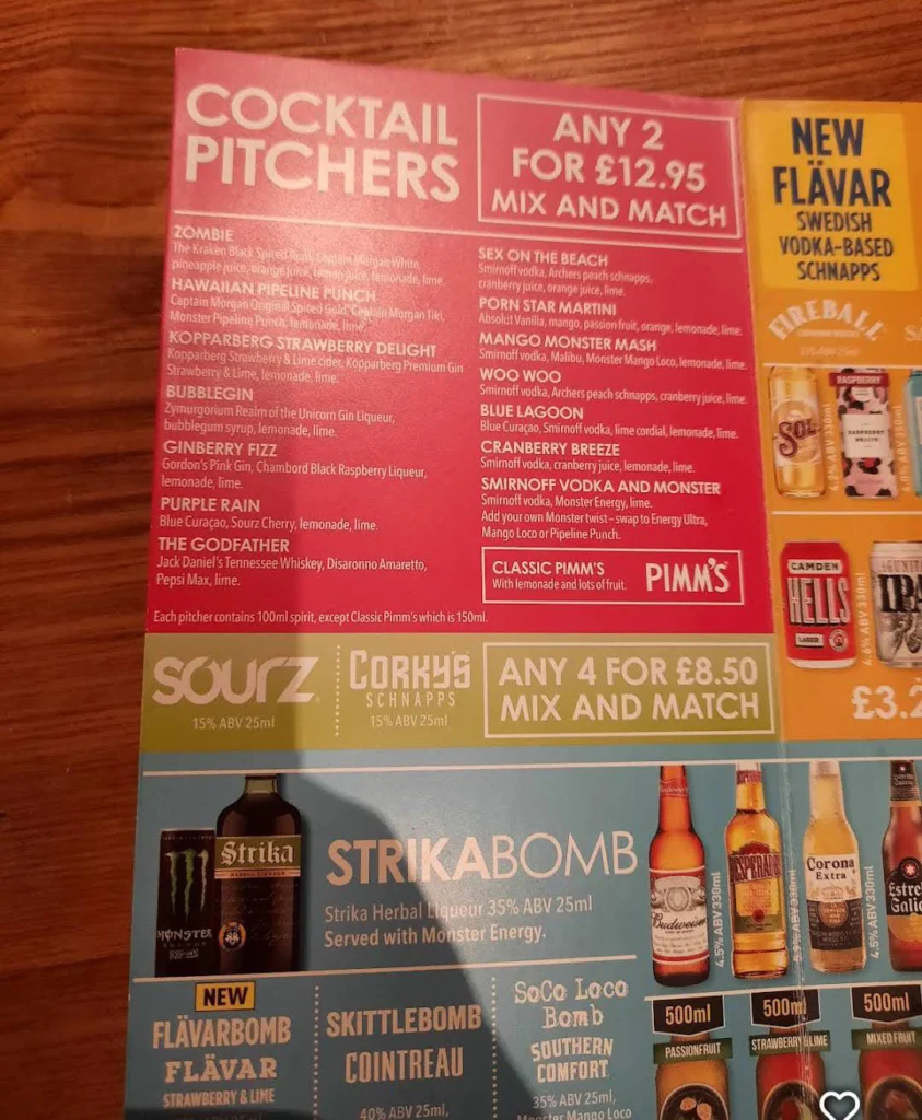 cocktails at Wetherspoons Menu UK