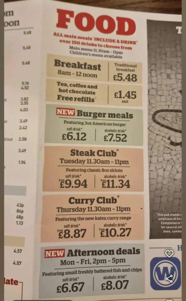 breakfast food at Wetherspoons Menu UK