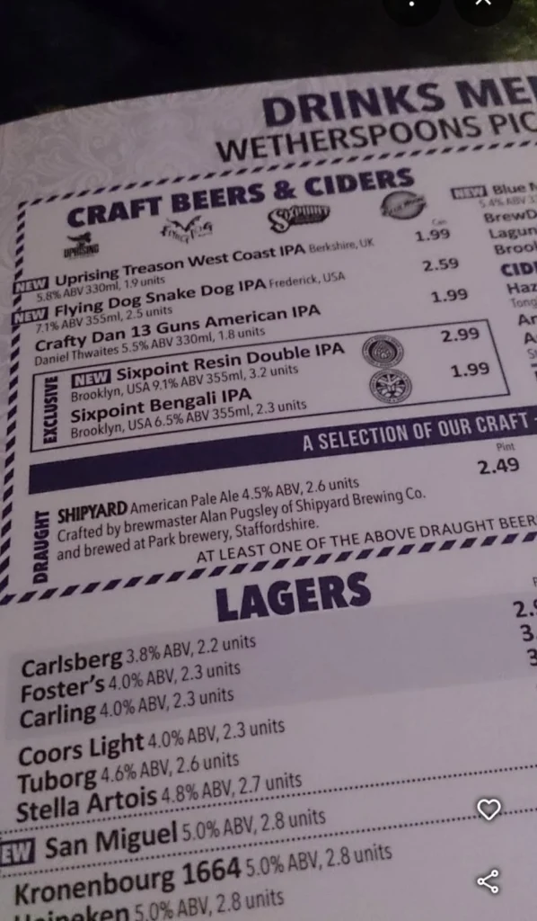 larger at Wetherspoons Menu UK