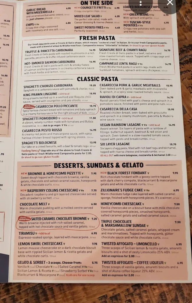 classic pasta at Zizzi Tower Hill Menu uk