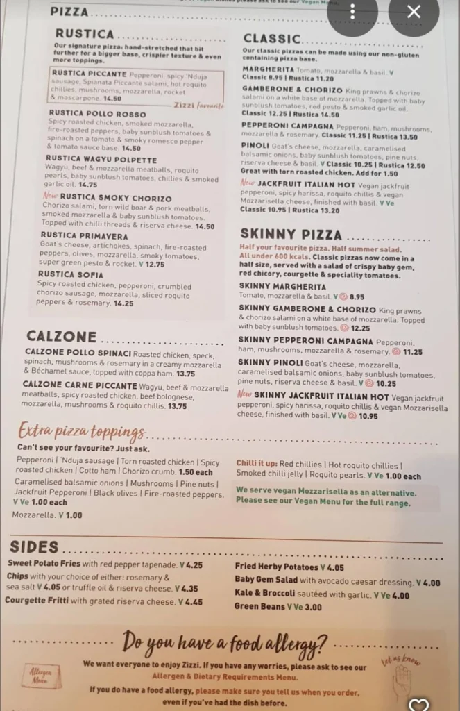 pizza at Zizzi Tower Hill Menu uk