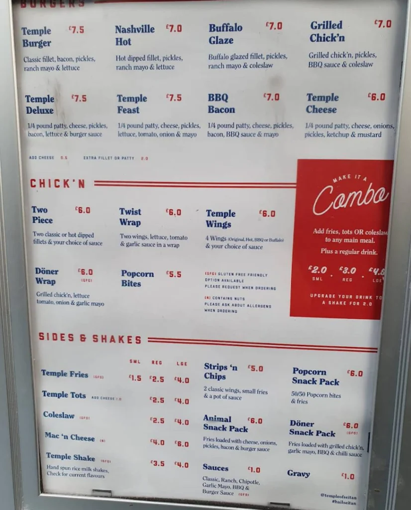 Temple of Seitan Menu Prices UK